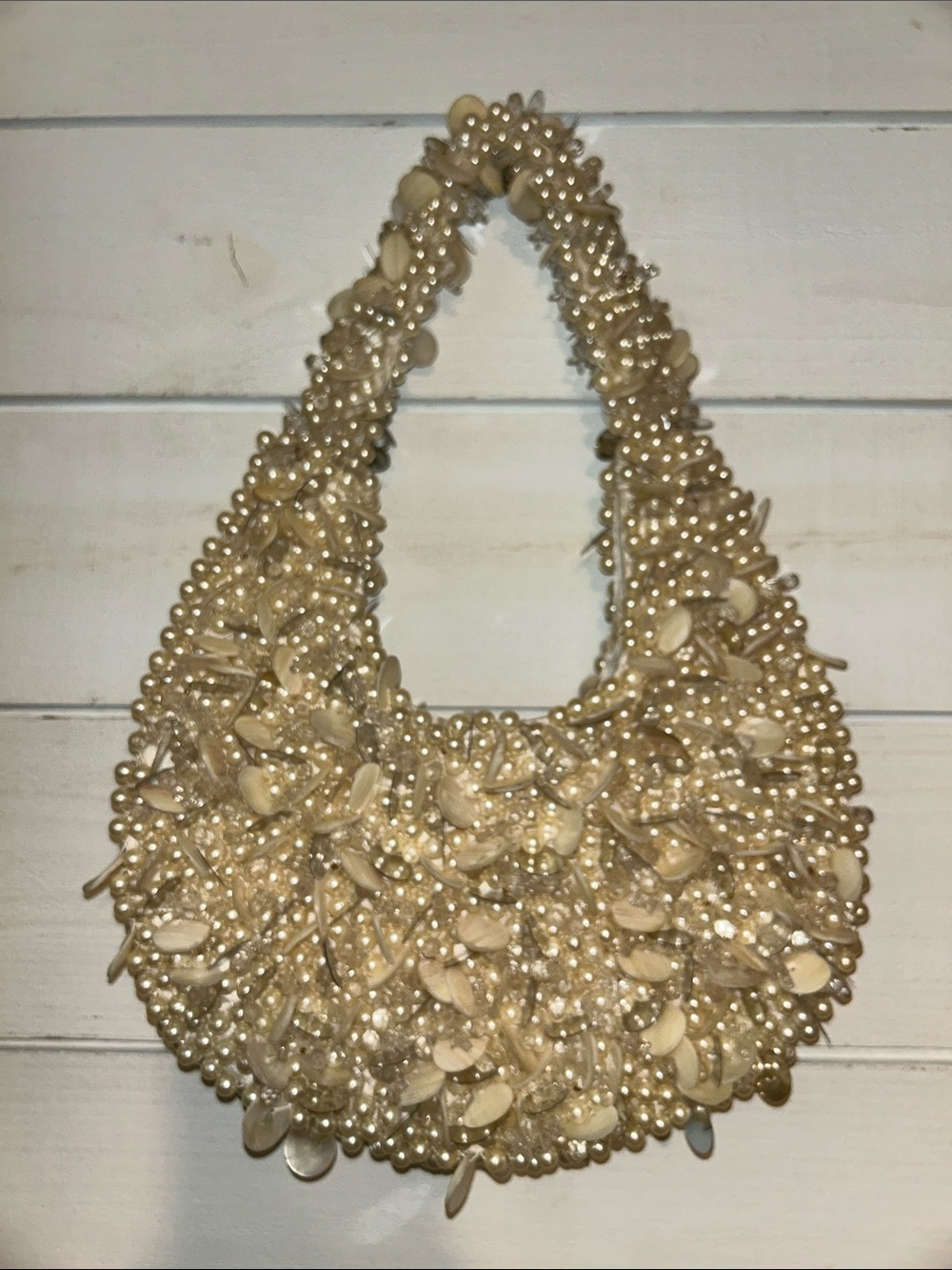 Viral India Beaded Pearl and Shell Accent Cream Shoulder Bag